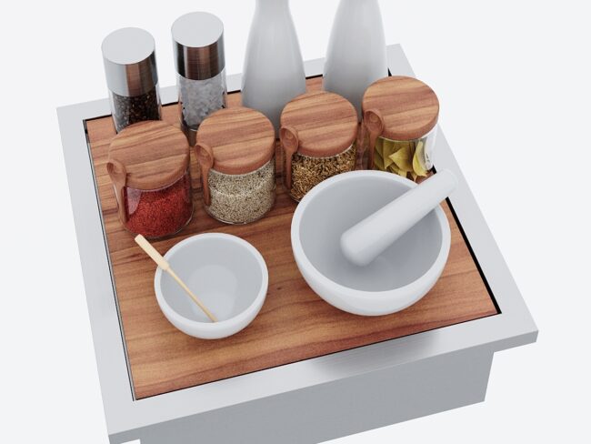 Edelstahl Behälter mit "Holztablar + Gewürze" zu Design Grilltisch "a la carte"