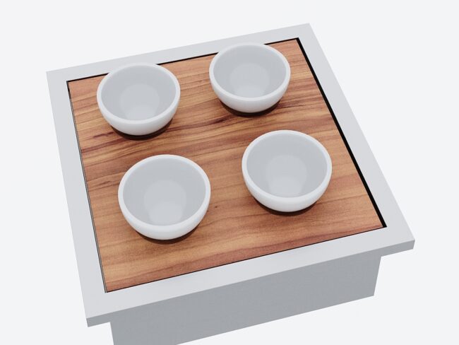 Edelstahl Behälter mit "Holztablar und Apéro-Geschirr 4 Porzellan Schalen"