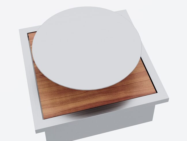 Edelstahl Behälter mit "Holztablar und drehbare Edelstahlscheibe" zu Design Grilltisch "a la carte"